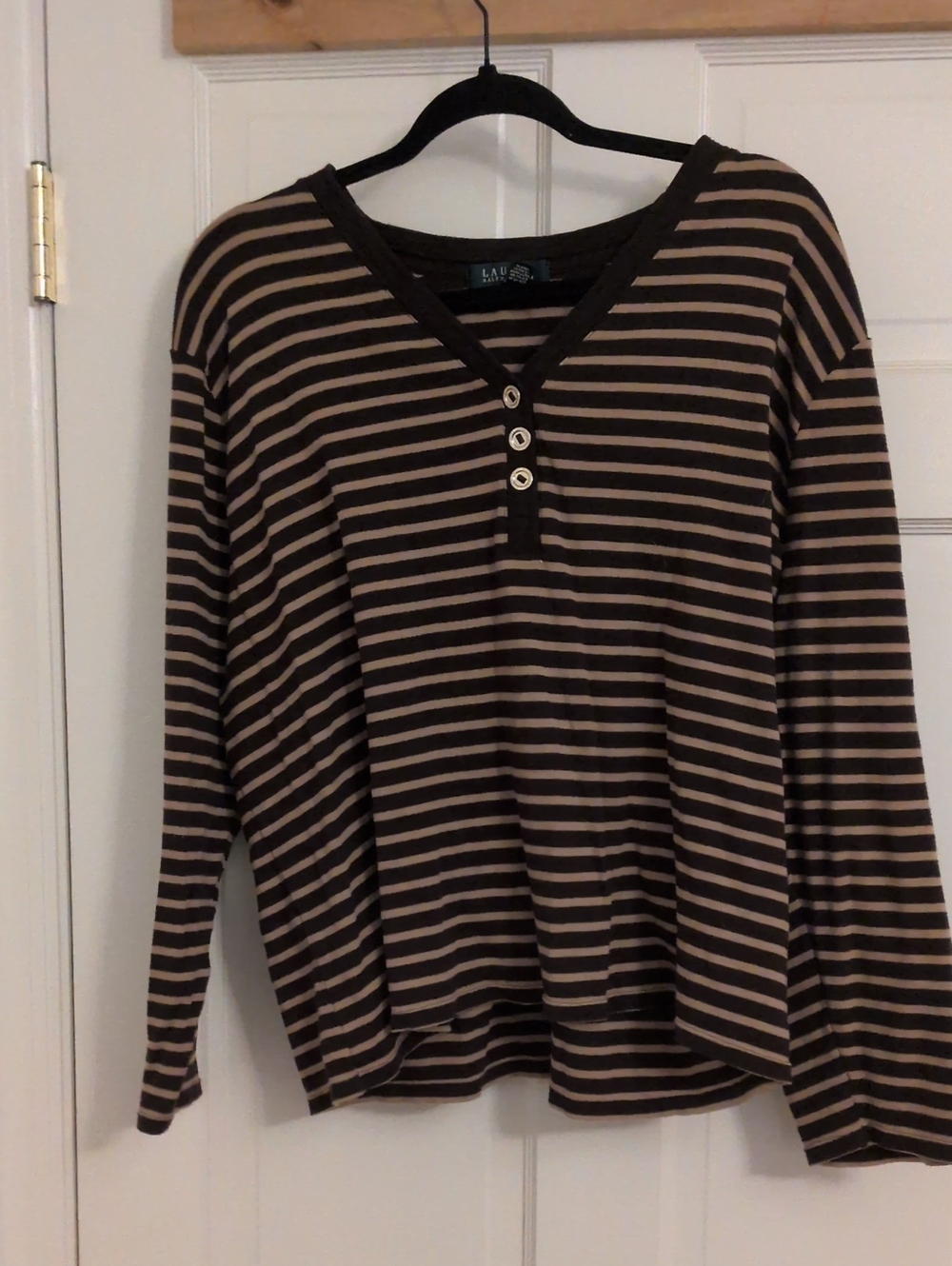 Lauren Ralph Lauren Brown and Cream Striped V-Neck Long Sleeve Top
